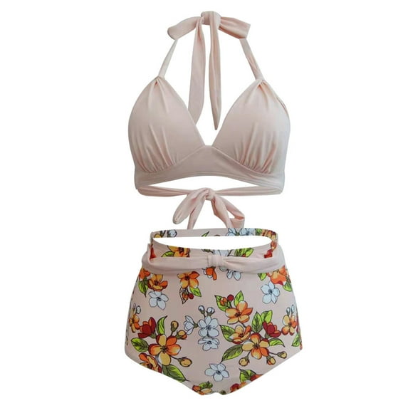 UKAP Plus Size Women Floral High Waist Bikini Set Swimsuit Swimwear Bathing Suit Tummy Control Halter Lace Up Bra Tops Summer Two-piece Swimming Set S-XXXL