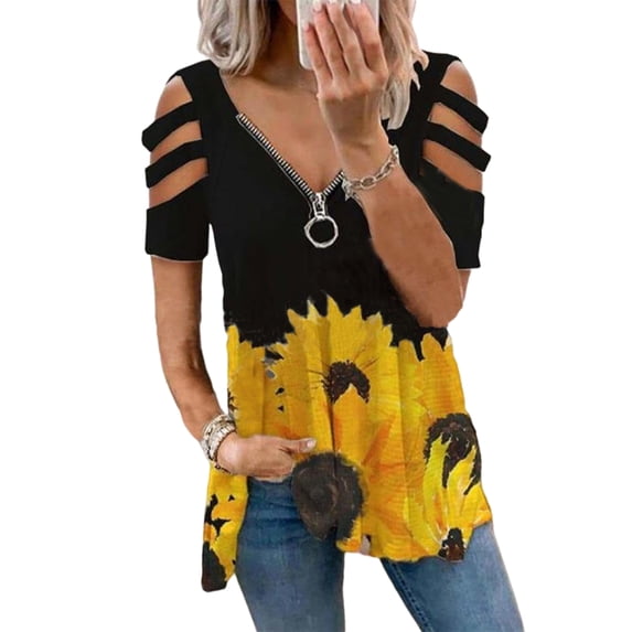 UKAP Plus Size Women Print Cold Shoulder Top Basic T Shirts Short Sleeve Casual Pullover Tunic Blouse Tops Summer Basic Tee Tops Size S-5XL