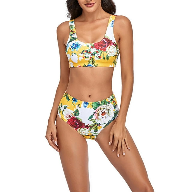 UKAP Push Up Bikini Swimsuits, Womens Floral Swimwear High Waist Tankini Beachwear Bathing Suits Padded Tummy Control S-XL,Two Piece