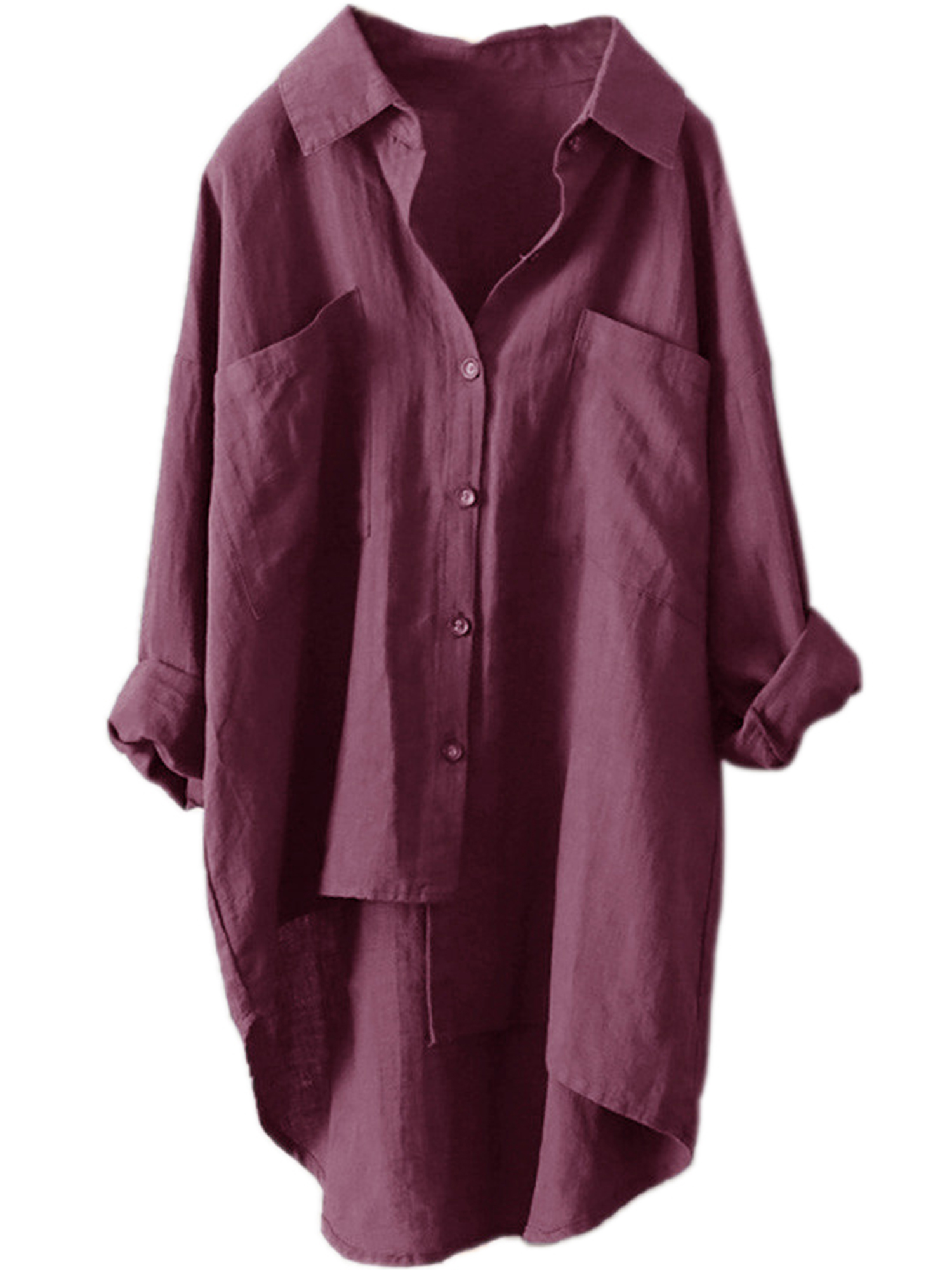 UKAP S-XXXXXL Women's Summer Autumn Long Sleeve pocket Mid-length Cotton Linen Blouse Ladies Loose Oversized Button Down Plus Size High Low T Shirt Long Sleeve Tops - image 1 of 2