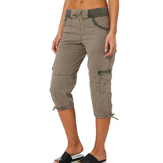 UKAP Summer Cotton Pants For Women Plus Size Summer Pants Loose Drawstring Cargo Capris Pant Ladies Solid Color Loungewear Straight Leg Loose Fit Bottoms Dark Gray S
