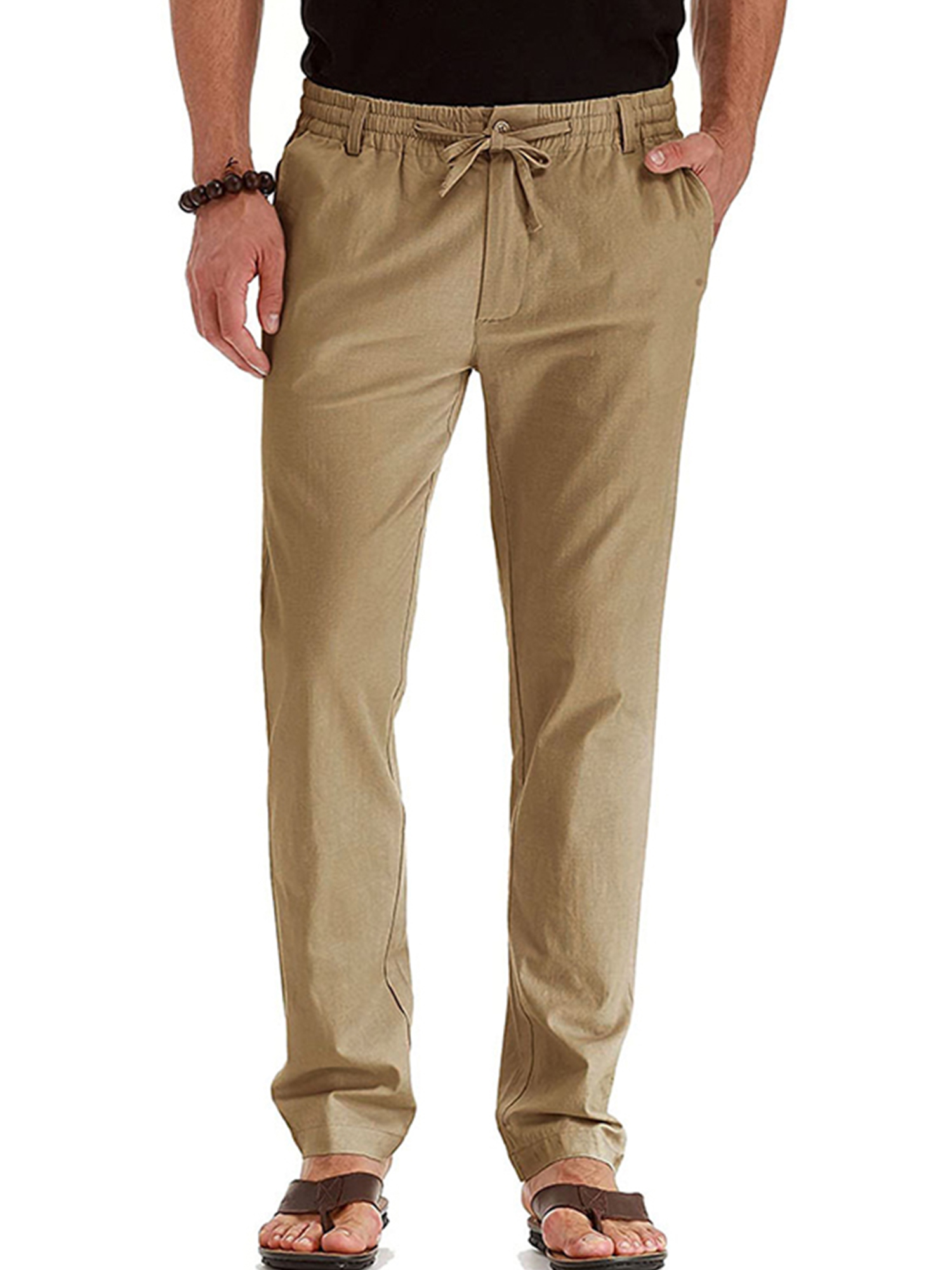 UKAP Summer Solid Color Elastic Waist Trousers for Men Plain Drawstring ...