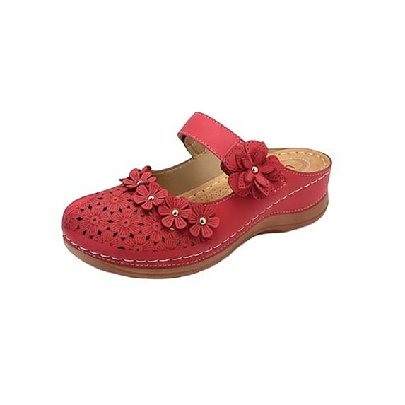 UKAP Wedge Sandals for Women Open Back Mules Shoes Summer Slip On Shoes Red Size 11