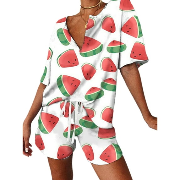 UKAP Women Casual Daisy/Watermelon Print Lounge Set Summer Loose Pajamas Sets Drawstring Homewear Outfits