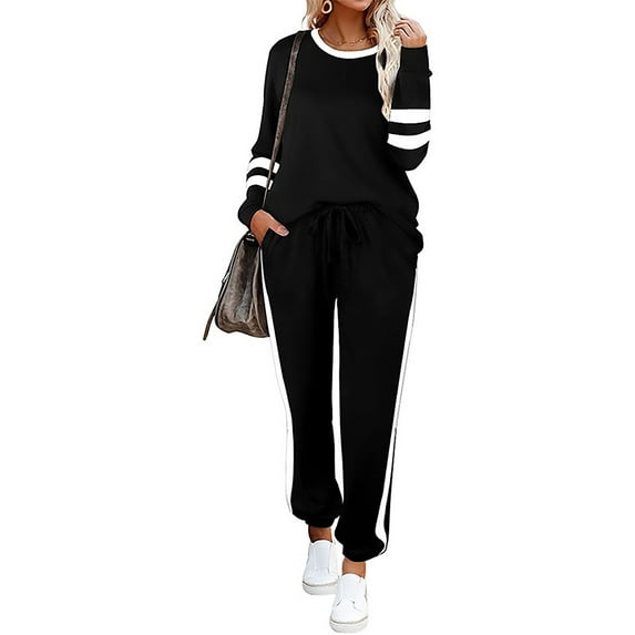 UKAP Women Color Block Crew Neck Tops Sweatsuits Ladies Elastic Wais Trousers Jogger Set Drawstring Pants Casual Striped With Pockets Lounge Sets Black XXL