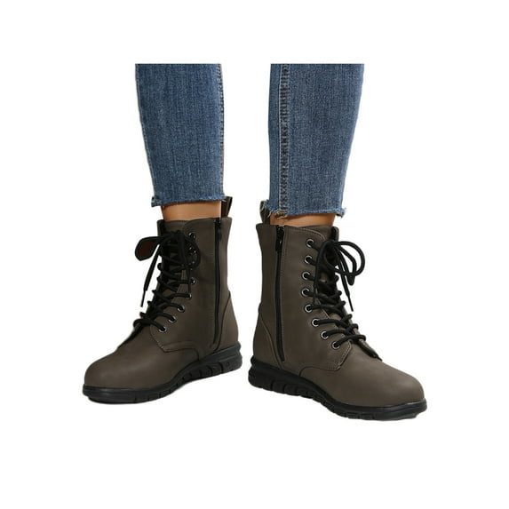 UKAP Women Comfortable Work Boot Outdoor Slip Resistant Side Zipper Ankle Boots Leather Booties Lace-Up Combat Boot Army Green 4.5