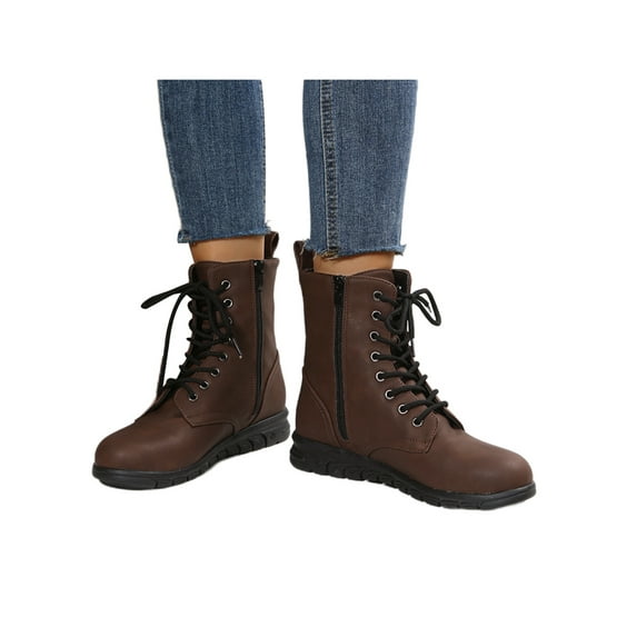 UKAP Women Comfortable Work Boot Outdoor Slip Resistant Side Zipper Ankle Boots Leather Booties Lace-Up Combat Boot Dark Brown 8