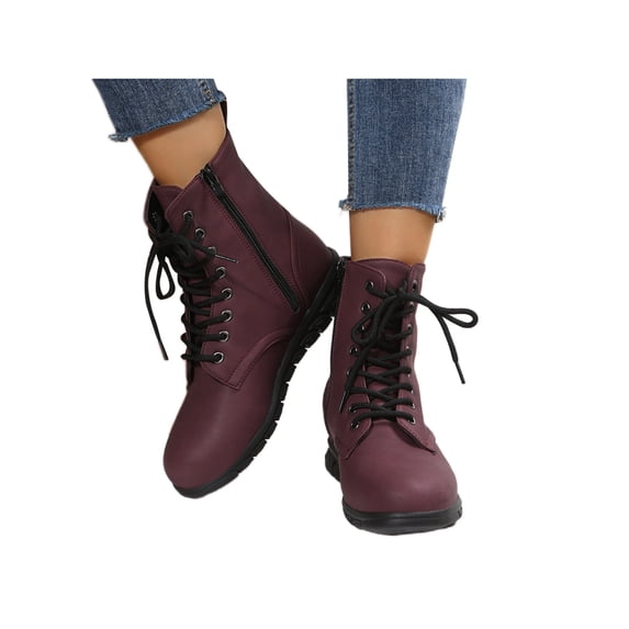 UKAP Women Comfortable Work Boot Outdoor Slip Resistant Side Zipper Ankle Boots Leather Booties Lace-Up Combat Boot Wine Red 5