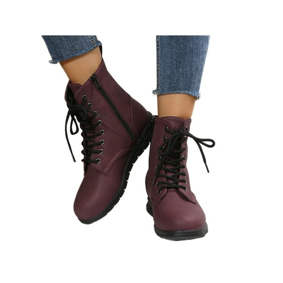 UKAP Women Comfortable Work Boot Outdoor Slip Resistant Side Zipper Ankle Boots Leather Booties Lace-Up Combat Boot Wine Red 8.5