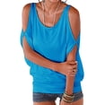 thumbnail image 1 of UKAP Women Cut Out Cold Shoulder Summer Tops Boho Beach Bat Sleeve Round Neck T Shirt Blouse Comfort Cool Tee Top S-XXXL Blue XL(US 12-14), 1 of 3