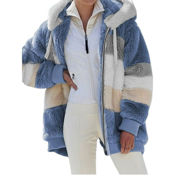 UKAP Women Fuzzy Fleece Coat Casual Color Block Zipper Pocketed Sherpa Jacket Cardigan Outerwear