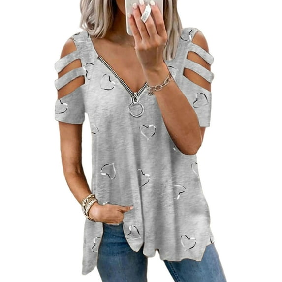UKAP Women Heart Print Cold Shoulder Loose Fit Pullover Blouse Tops Shirt Summer Casual V-Neck Basic T-Shirts For Loungewear Beachwear Size S-5XL