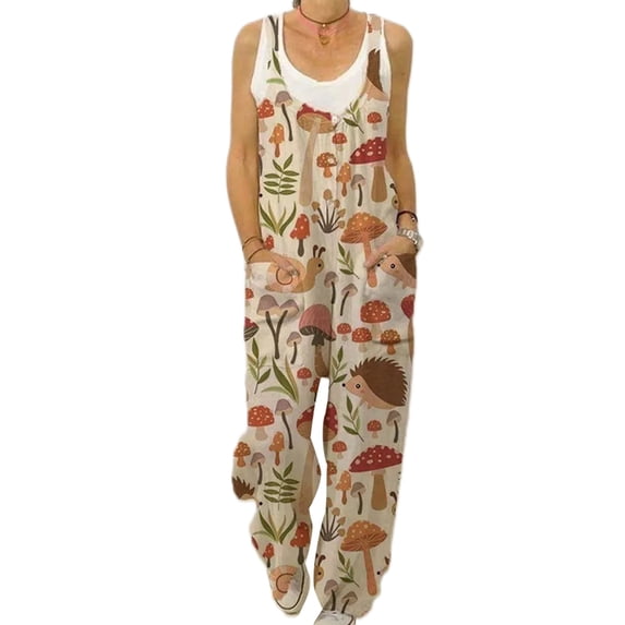 UKAP Women Mushroom Summer Romper Wide Leg Sleeveless Jumpsuits Casual Loose Buttons Decor Beach Animal Print Stretch Pants