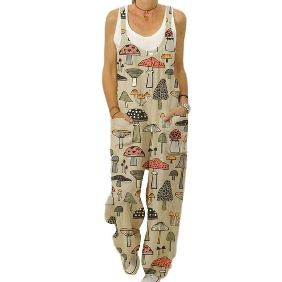 UKAP Women Mushroom Summer Romper Wide Leg Sleeveless Jumpsuits Casual Loose Buttons Decor Beach Animal Print Stretch Pants