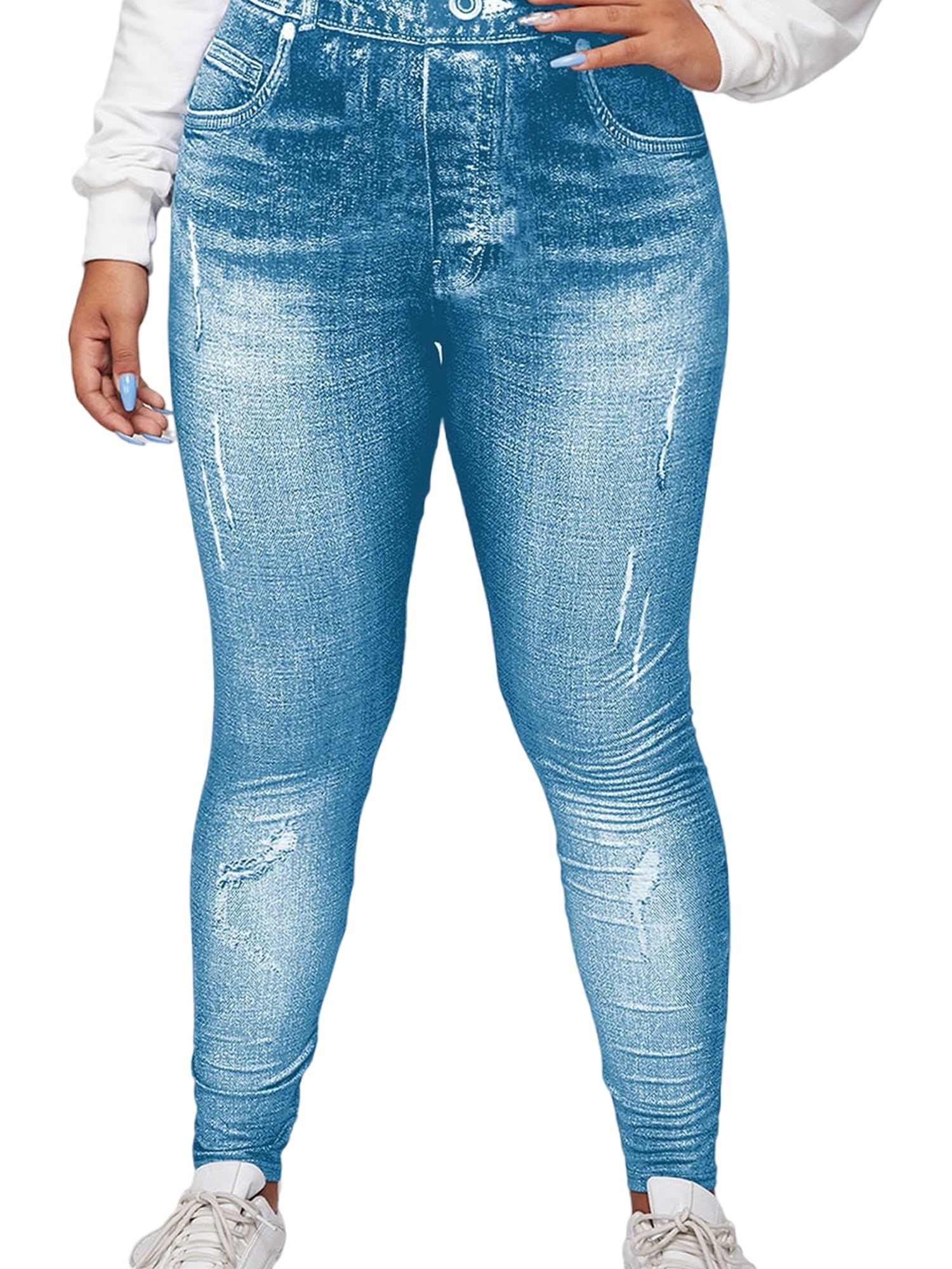 UKAP Women Plus Size Leggings Tummy Control Fake Jeans High Waist