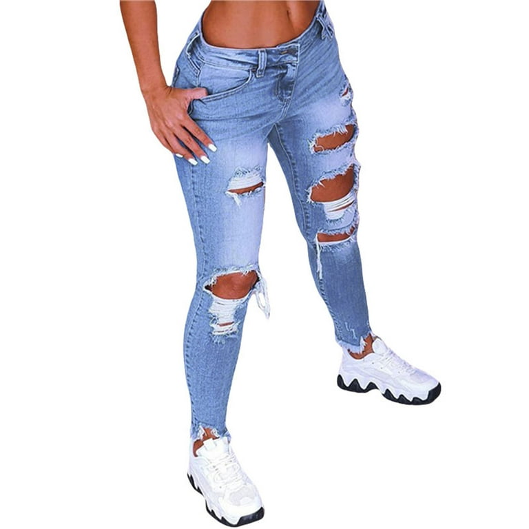 Women Stretch Skinny Ripped Hole Washed Denim Jeans High Waist Jeggings  Pants XL