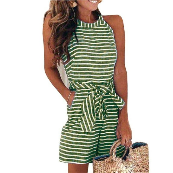 UKAP Women Striped Jumpsuit Casual Summer Sleeveless Round Neck Beach Cami Shorts One Piece Romper Playsuit Waistband
