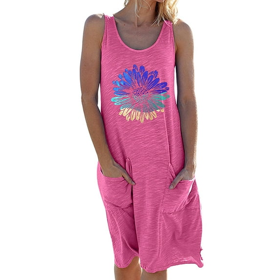UKAP Women Summer Beach Tank Top Dress Sundress Holiday Party Midi Dresses Ladies Boho Summer Beachwear Sleeveless Loose Dresses Rose XL(US 16-18)