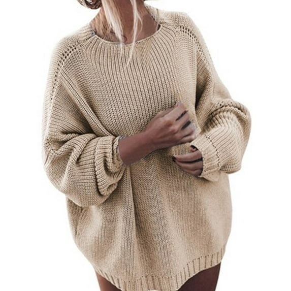 UKAP Women Sweater Long Sleeve Knitted Sweaters Solid Color Jumper Tops Loose Pullover Sport Khaki S