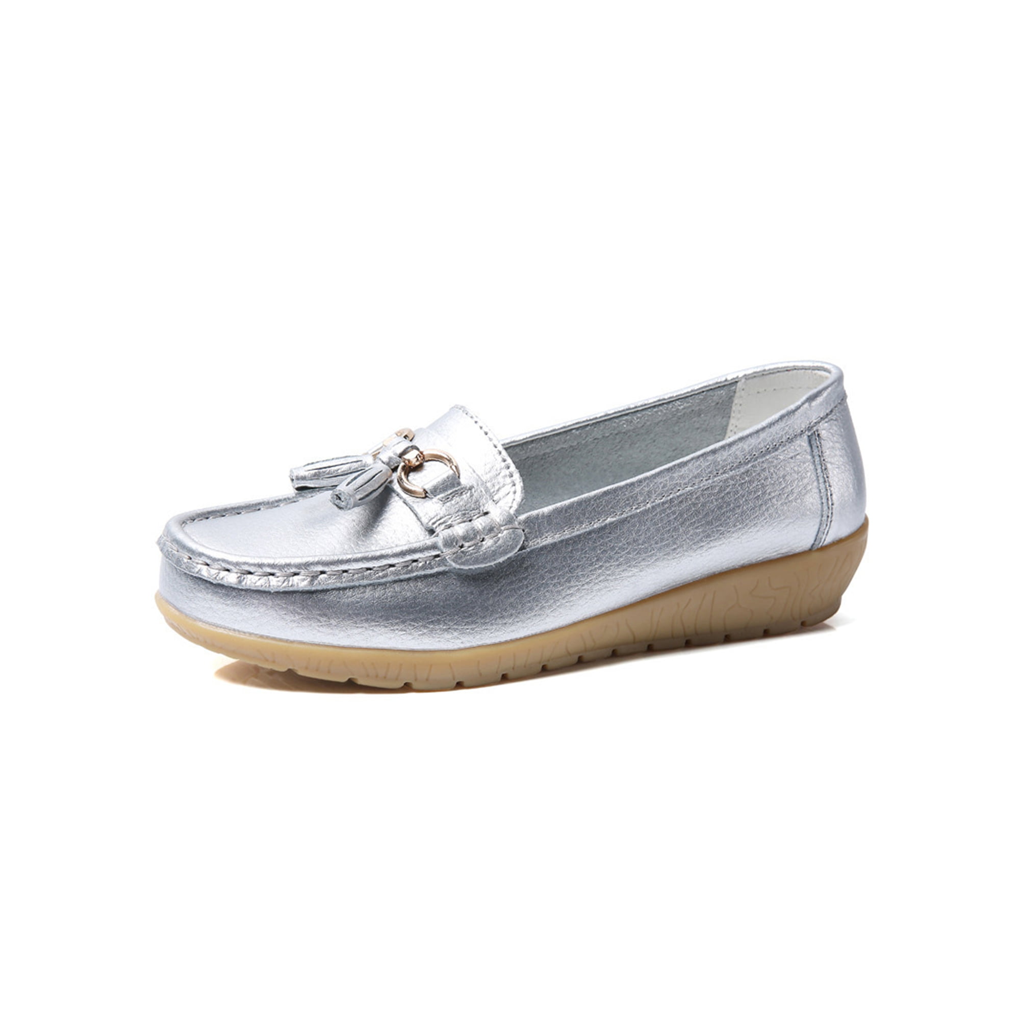 UKAP Women's Leather Loafer Slip On Moccasin Shoes Silver - Walmart.com