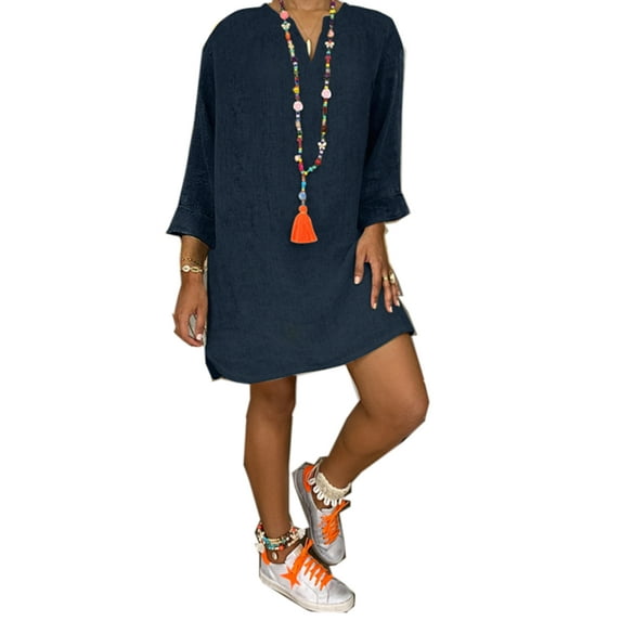 UKAP Women's Plus Size Tunic T-Shirt Dress Summer Cotton Linen T Shirt Knee-Length V Neck Long Sleeve Midi Sundress