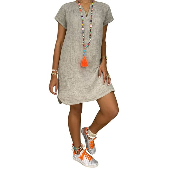 UKAP Women's Plus Size Tunic T-Shirt Dress Summer Cotton Linen T Shirt Knee-Length V Neck Long Sleeve Midi Sundress