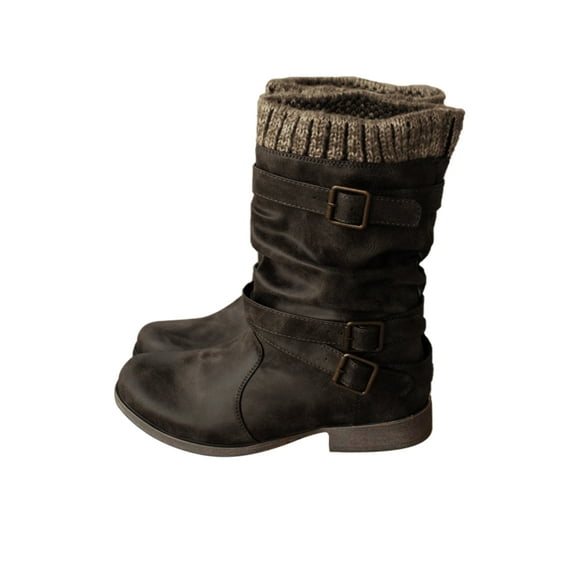 UKAP Womens Ladies Leather Faux Fur Lined Mid Calf Biker Riding Low Heel Boots Shoes