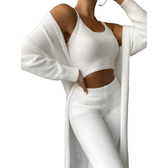 UKAP Womens Sherpa Fleece Tracksuit Fuzzy 3 Piece Sweatsuit Open Front Cardigan Crop Tank Tops Wide Legs Pants Lounge Sets