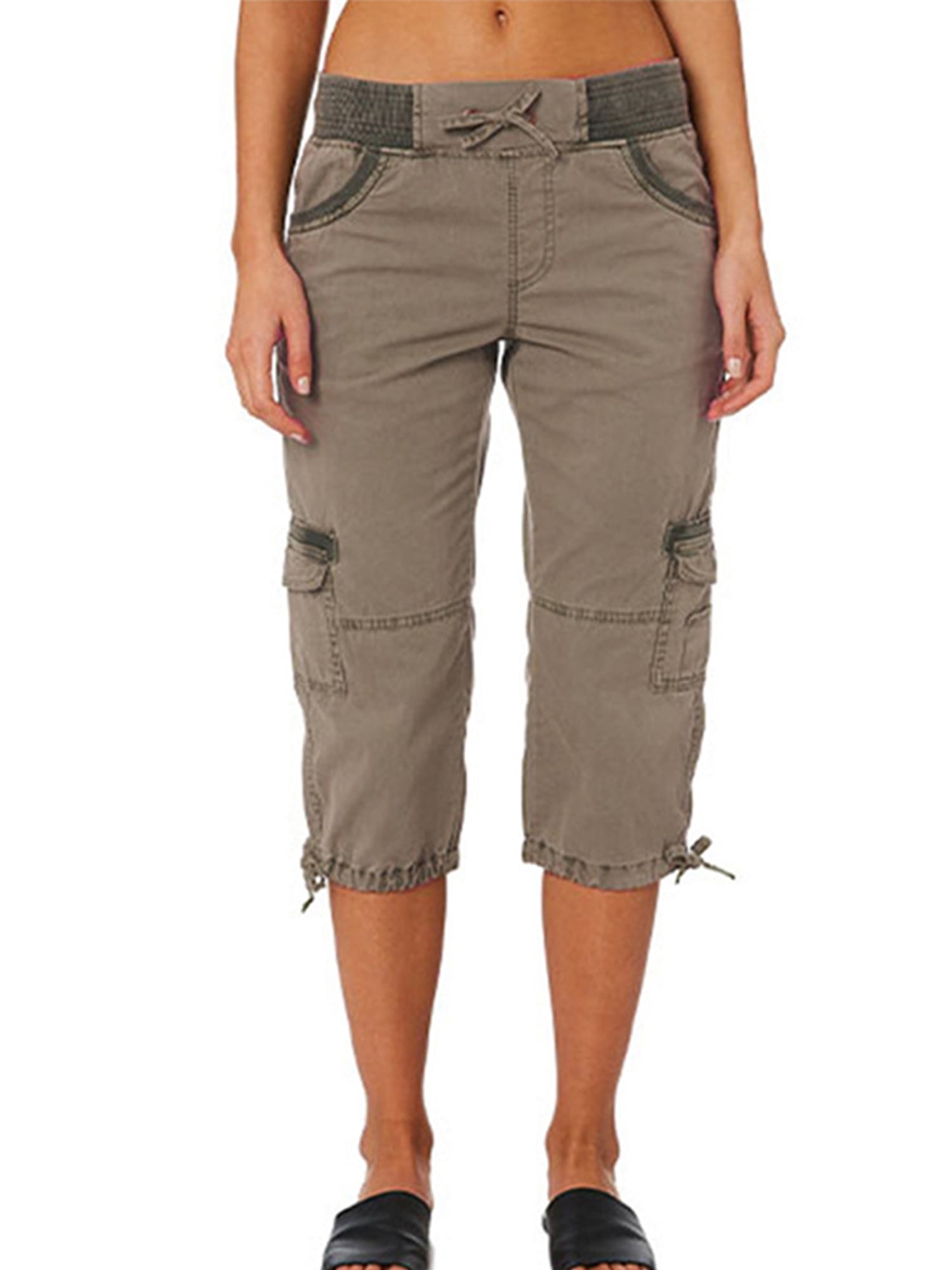 UKAP Womens Summer Beach Shorts Crop Pants Elastic Waist Drawstring Cargo Capris  Pants Ladies Lightweight Pocketed Short Lounge Pants Beachwear Brown XL 