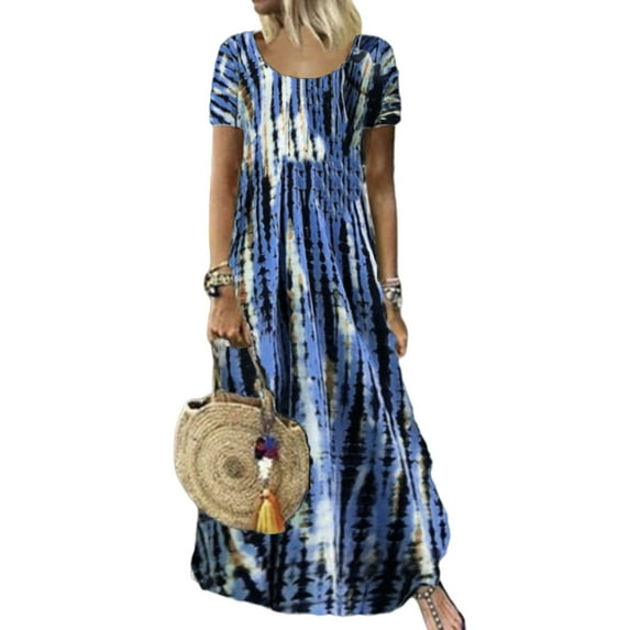 UKAP Womens Summer Maxi Long Dress Tie Dye Print Sundress Ladies Short Sleeve Round Neck T Shirt Dresses Swing Dress Blue S