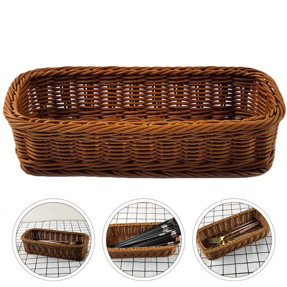 UKCOCO 1Pc Plastic Rattan Woven Basket Brown Tableware Storage Box for Kitchen Organization