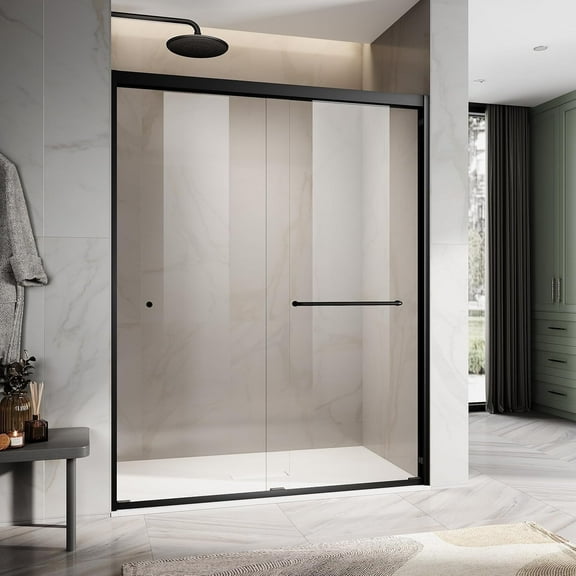 UKD06- 56"-60" W x 72" H Double Sliding Frame Shower Door with 5/16" Clear Tempered Glass,Stainless Steel Roller Brackets,Waterproof Threshold Track,Easy-Cleaning Coating & Towel Bar/Knob