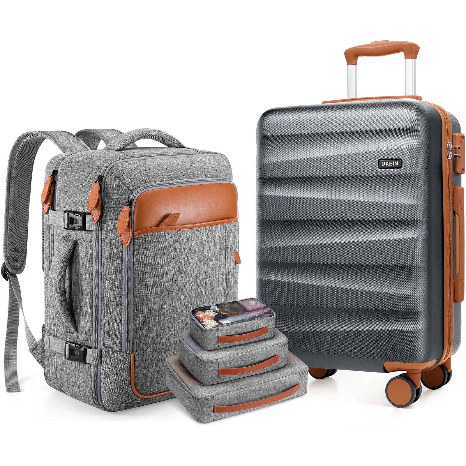 UKEIN Carry On Luggage 20 Inch Hardside Suitcase with YKK Zippers TSA Lock and Spinner Wheels Luggage Sets with Travel Backpack 3 Packing Cubes for Men Women