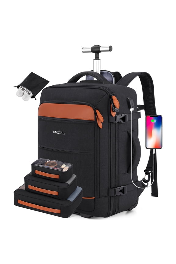 Rolling Backpack for Adults Backpack with Wheels with USB Charging Port & Combination Lock Roller Backpack with Packing Cubes and Shoe Pocket