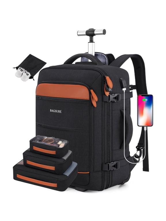 Rolling Backpack for Adults Backpack with Wheels with USB Charging Port & Combination Lock Roller Backpack with Packing Cubes and Shoe Pocket
