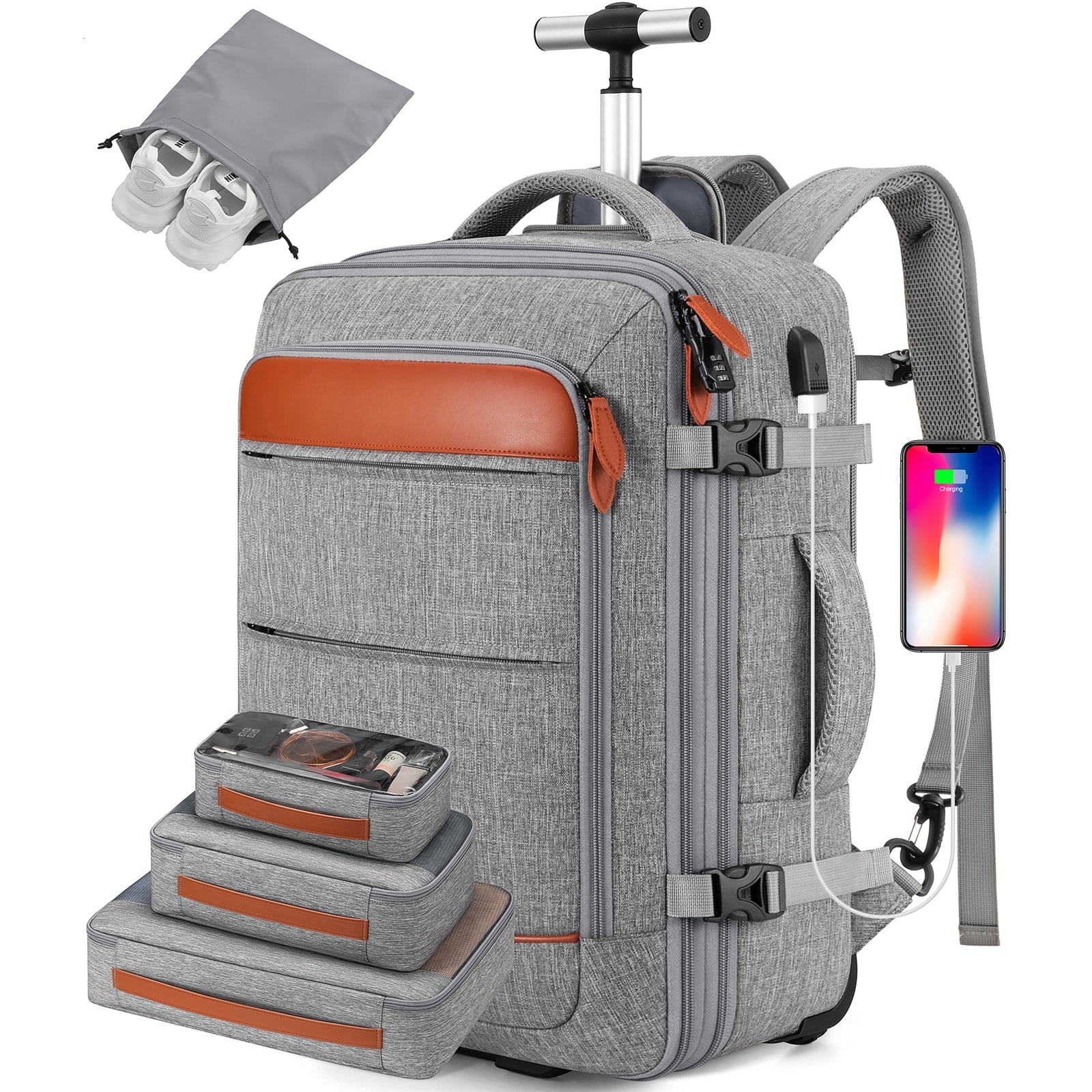 UKEIN Rolling Backpack for Adults Backpack with Wheels with USB Charging Port & Combination Lock Roller Backpack with Packing Cubes and Shoe Pocket