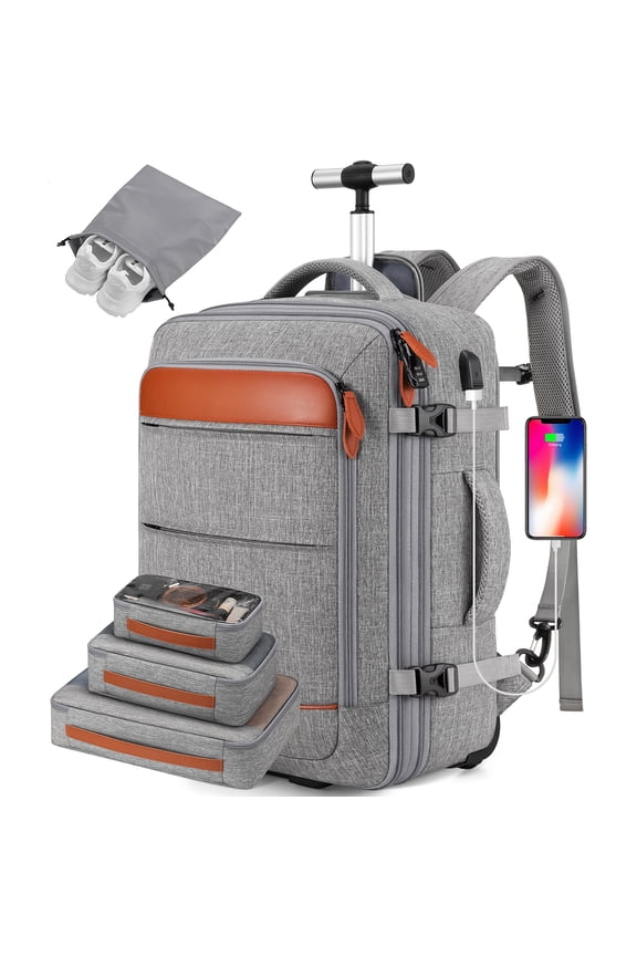 Rolling Backpack for Adults with Wheels Backpack with Wheels with USB Charging Port & Combination Lock Roller Backpack with Packing Cubes and Shoe Pocket