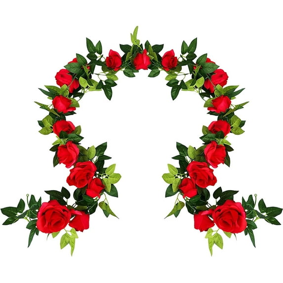 UKELER 2 Pack 14FT Artificial Rose Vines Red Flower Garland Artificial Rose Flowers with Green Leaves Floral for Wedding Arch Party Garden Craft Home Decor