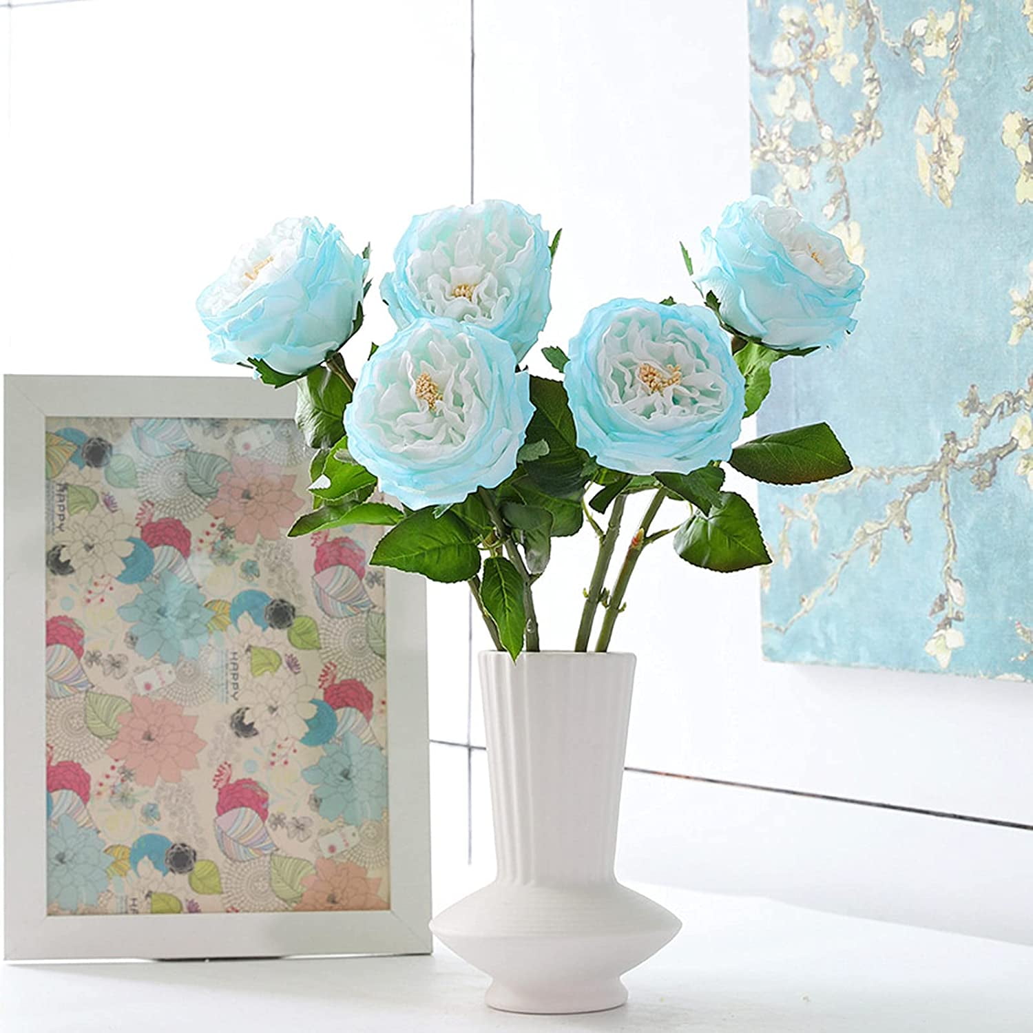 UKELER Artificial Rose Flowers 4 Pcs Real Touch Latex Artificial Flowers for Wedding Bouquet Home Decor Flower Arrangement Valentine's Day Gift, Light Blue