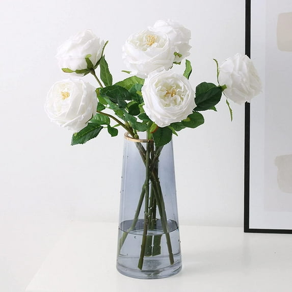 UKELER White Artificial Roses 4 Pcs Real Touch Latex Artificial Flowers Austin Rose Peony with Long Stem for Wedding Bouquet Home Decor Flower Arrangement Valentine's Day Gift