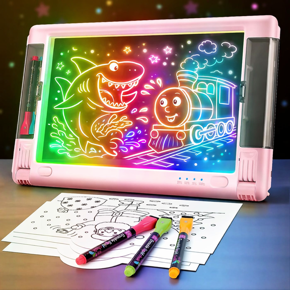 UKEXE 15 Inch Rechargeable LED Drawing Board - 9 Neon Light Modes, Portable Dry Erase Glow Art Tablet with Tracing Sheets, Creative Gift for Kids & Teens (Pink)