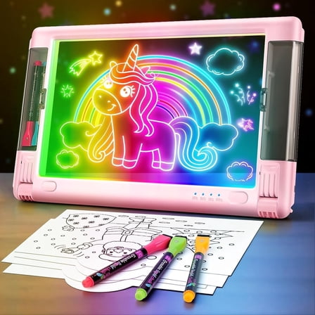 UKEXE 15 Inch Rechargeable LED Drawing Board - 9 Neon Light Modes, Portable Glow Art Tablet with Tracing Sheets, Creative Gift for Kids & Teens (Pink)