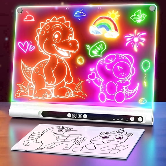 UKEXE 16" Rechargeable LED Drawing Board for Kids, 9 Neon Colors, Built-in Timer & Stand,with 6 Markers, Christmas & Birthday Gifts for Boys and Girls Ages 4-12(White)
