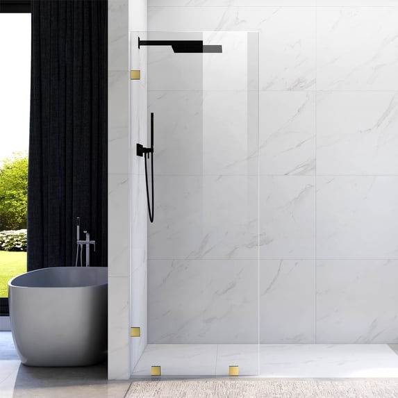 UKH07B2 39 in. W x 80 in. H Frameless Fixed Shower Glass Panel in Satin Brass with 3/8 in. Clear Tempered Glass