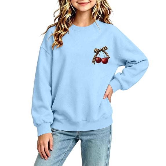 UKHCCC Boys Girls Cherry Leopard Bow Crewneck Sweatshirt, Oversized Long Sleeve Graphic Pullover for Kids Ages 1-13, Casual Fall Winter Top