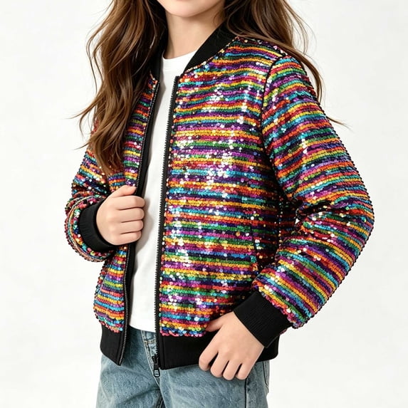 UKHCCC Boys Girls Sequin Bomber Jacket, Sparkly Long Sleeve Zip Up Kids Outerwear for Party Dance Performance Holiday, Ages 2-13