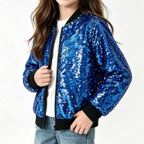 UKHCCC Boys Girls Sequin Bomber Jacket, Sparkly Long Sleeve Zip Up Kids Outerwear for Party Dance Performance Holiday, Ages 2-13