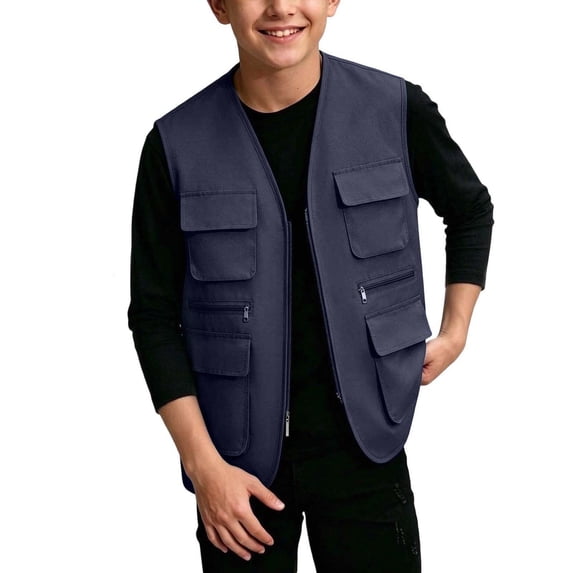 UKHCCC Boys Girls Utility Cargo Vest, Kids Zip Up Multi-Pocket V-Neck Sleeveless Jacket for Hiking, Travel and Outdoor Activities, Ages 5-13