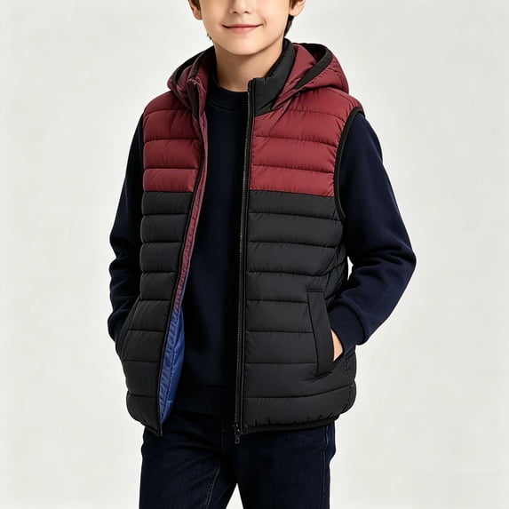 UKHCCC Boys Hooded Puffer Vest, Kids Lightweight Water-Repellent Zip-Up Winter Vest with Pockets, Color Block Fleece-Lined Outerwear, Ages 5-11