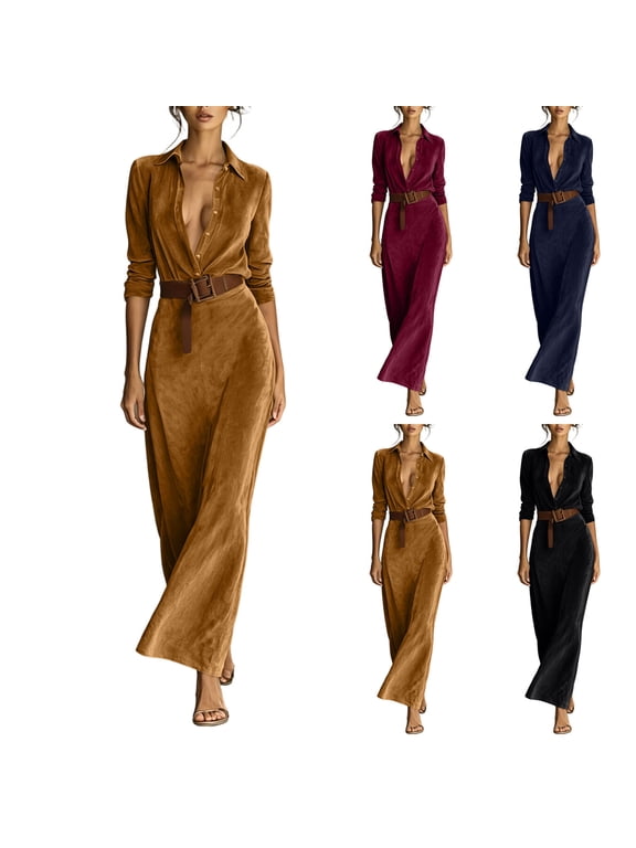 Dress for Women Velvet Shirt with Deep V-Neckline and Matching Belt, Tailored High Waist Maxi, Elegant Evening Party Gown, A-Line Silhouette, Winter Holiday S-3XL